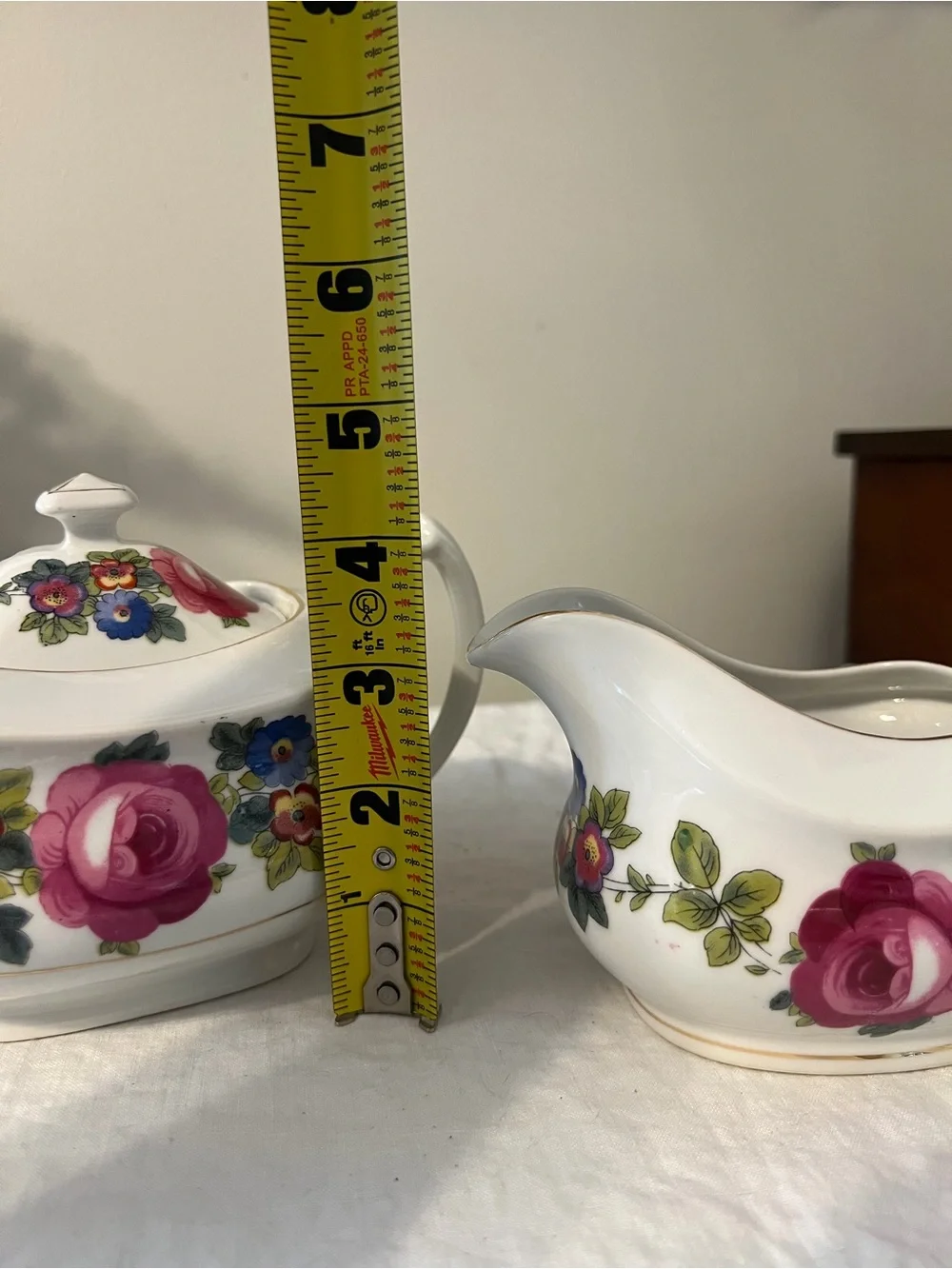 Antique phoenix china creamer, lidded sugar bowl, & 4 plates set, cottage rose